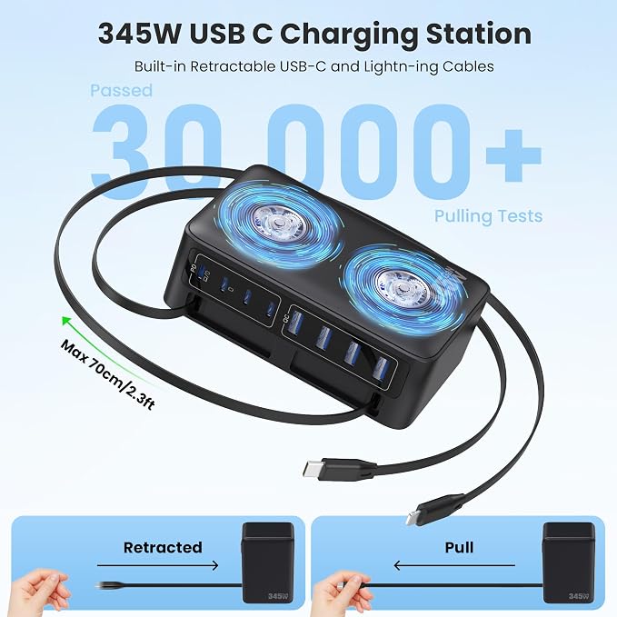 345W USB C Charger 10 in 1 Retractable Wall Charger with 2 Cables,GaN 6 USB C Charging Station Phone Charging PD Laptop Charger Adapter for MacBook Pro/Air,DELL,iPhone17/16/15,Galaxy S24,Android etc