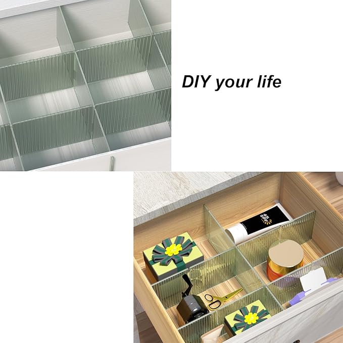 Onerbuy 8pcs Adjustable Grid Drawer Dividers DIY Plastic Closet Separator Tidy Organizer Container for Underwear Socks Belt Office Supplies(Transparent Green)
