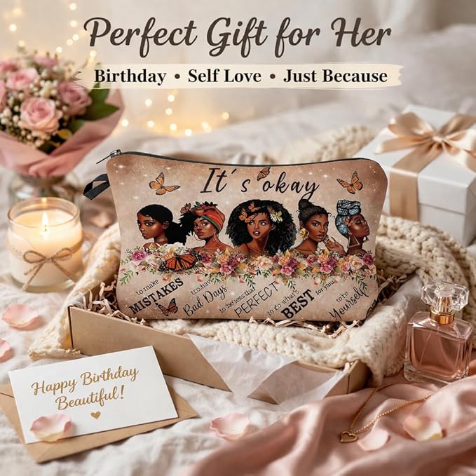 Black Girl Makeup Bag – Inspirational Cosmetic Bag for Black Women, Melanin Beauty Travel Pouch, Self Love Gift for Women, Natural Hair African American Cosmetic Bag
