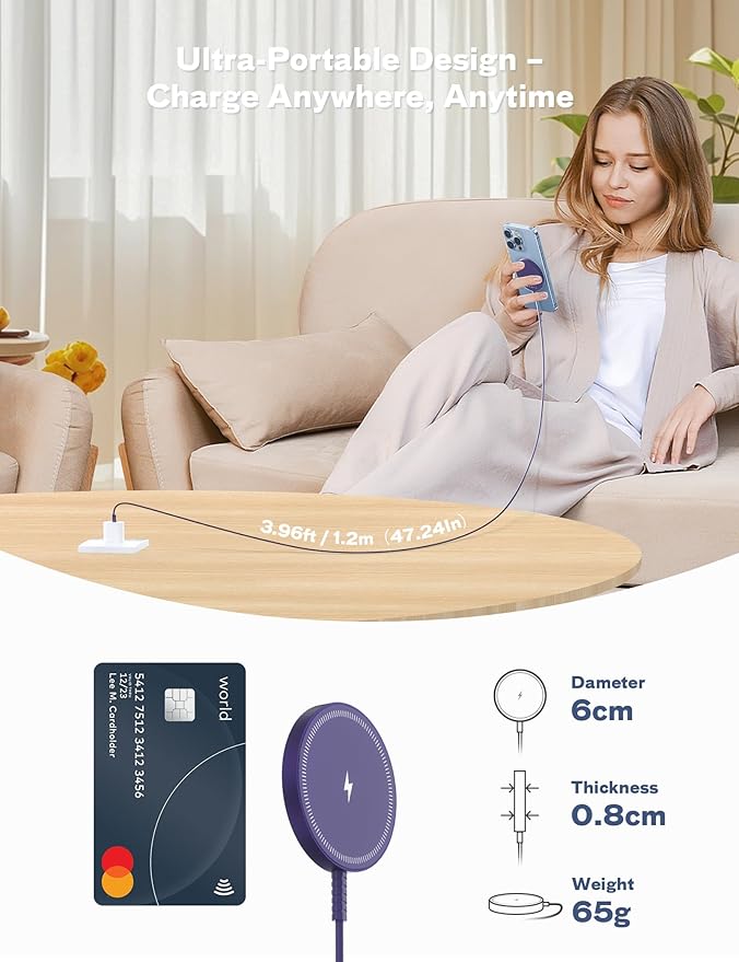 Bohuma Magnetic Wireless Charger for iPhone – 15W Fast Charging Pad with Dual Ports - Compatible with iPhone 12-17 & AirPods 4 3 2 Pro – Purple Sleek Aluminum Alloy Design for Home, Office & Travel
