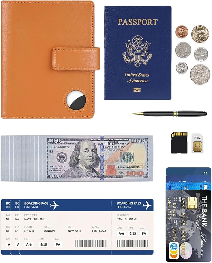Passport Holder Wallet Cover Case for Women and Men,RFID Blocking,Passport Case with AirTag Slot,Travel Accessories (Brown)