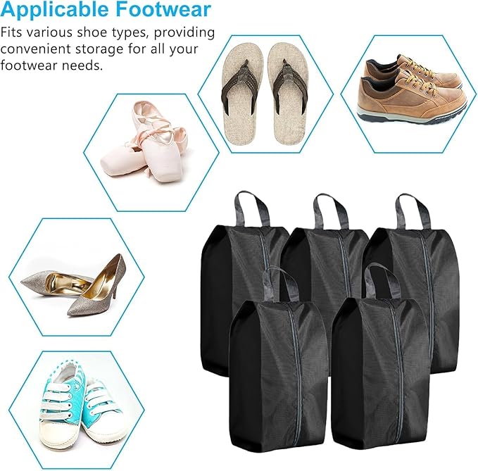 5Pcs XL Travel Shoe Bags Portable Travel Gifts Shoe Organizer with Zipper Closure, Waterproof Nylon Shoe Storage Organizer with Handle Travel Bags For Men and Women, Black
