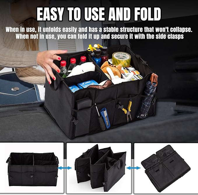 Hovom Car Trunk Organizer, Collapsible Trunk Backseat Organizer, Multi-Compartment Car Organizers and Storage, Foldable Trunk Storage Organizer for SUV, Road Trip Essentials Accessories (1PCS)