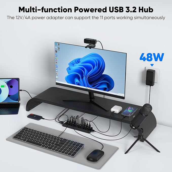 Powered USB C Hub 3.2 11-Port 48W, USB-C 3.2 (10Gbps)*2 + USB-A 3.2 (10Gbps)*1 + USB-A 3.0 (5Gbps)*4 + Power-only Port*4 with 12V/4A Power Adapter High Speed for Laptop PC Phone SSD HDD Flash Drive