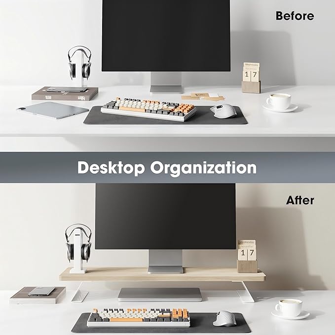 Fenge Monitor Stand Riser, Desk Top Shelf for 2 Monitors, Computer Stands for Desk, Wood & Steel Desktop Riser for Laptop, PC, Printer