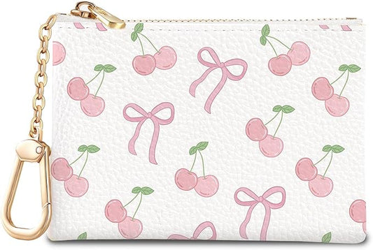 Coquette Bow Keychain Cute Coin Purse for Women, Small PU Leather Change Pouch, Zipper Little Tiny Travel Wallet for Girls, Kawaii Zip Pocket Coin Holder with Key Ring
