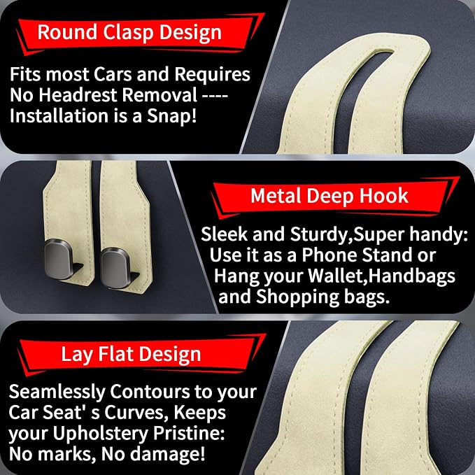 Car Seat Headrest Hooks for Purses and Bags, 4 Pack Bag Purse Holder for Car with Double Metal Hooks, Car Purse Hanger, Headrest Back Seat Handbags Hook Cute Hanging Accessories, Beige
