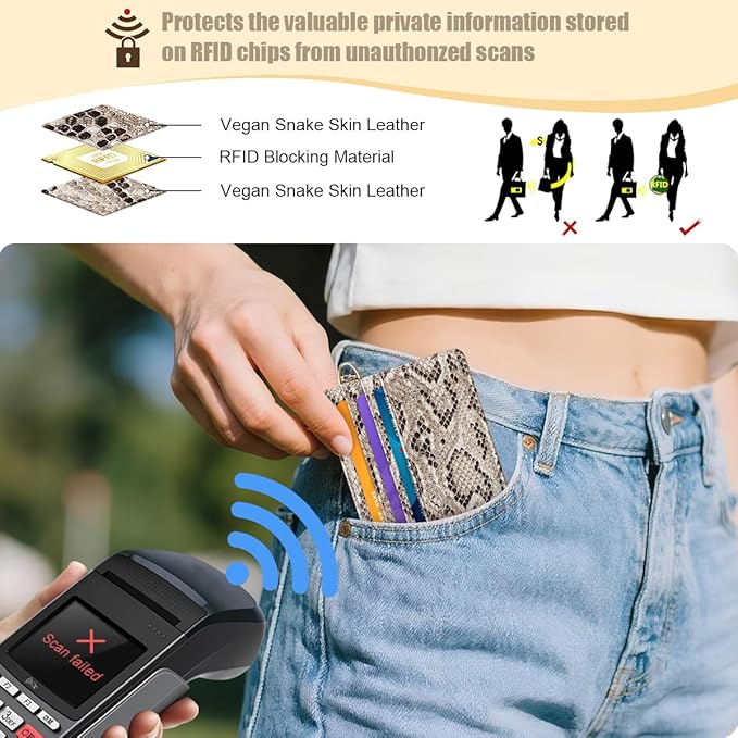 Slim Credit Card Holder Vegan Snake Skin Wallet Women Thin Wallets RFID Blocking Minimalist Lightweight Small Cute Cards Holders with ID Window, Light Snake Skin