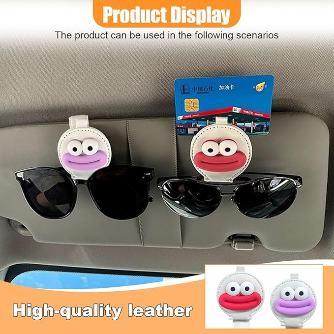 2PCS Sunglasses Holder for Car Visor, Magnetic Leather Ticket Card Clip, Sausage Mouth Sunglass Mount for Different Size Eyeglasses, Cartoon Car Visor Decoration Accessory (Red/Purple/White)