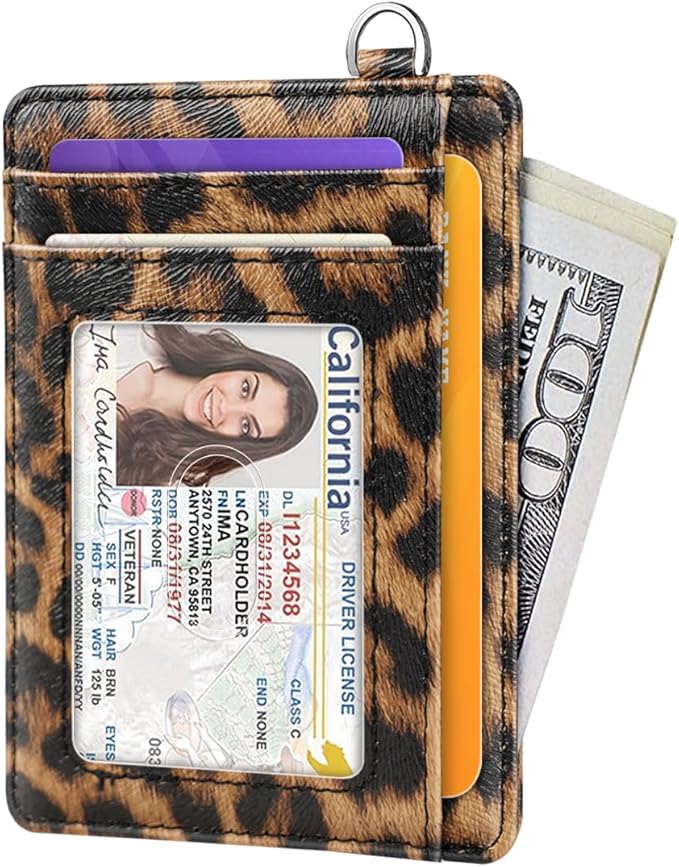 Coco Rossi Slim Front Pocket Wallet RFID Leather ID Card Holder Cute Small Wallet with Keychian for Women,Brown Leopard