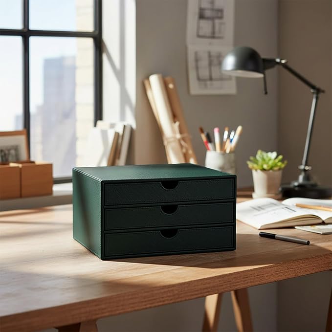 UnionBasic Document Organizer, 3-Drawer File Cabinet Document Storage Box, Office Desktop Filing Organizer, Dark Green