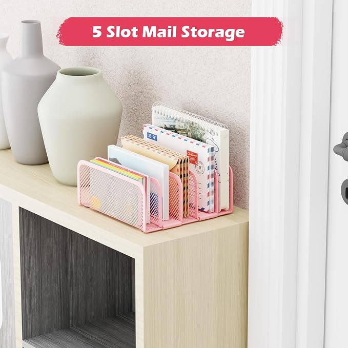 Mail Organizer Countertop, Metal File Holder with 5-Slot, Small Desk File Organizer for Letter, Bill, Mail Sorter, Desktop Letter Folder Holders for Office, Home, School (Pink)