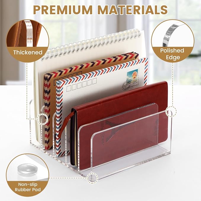 Mail Organizer Countertop, Stylish Acrylic 5 Compartments Mail Holder, Small Desk File Storage Holders for Letter, Bill, Mail Sorter, Desktop Letter Folder Holders for Office, Home, School