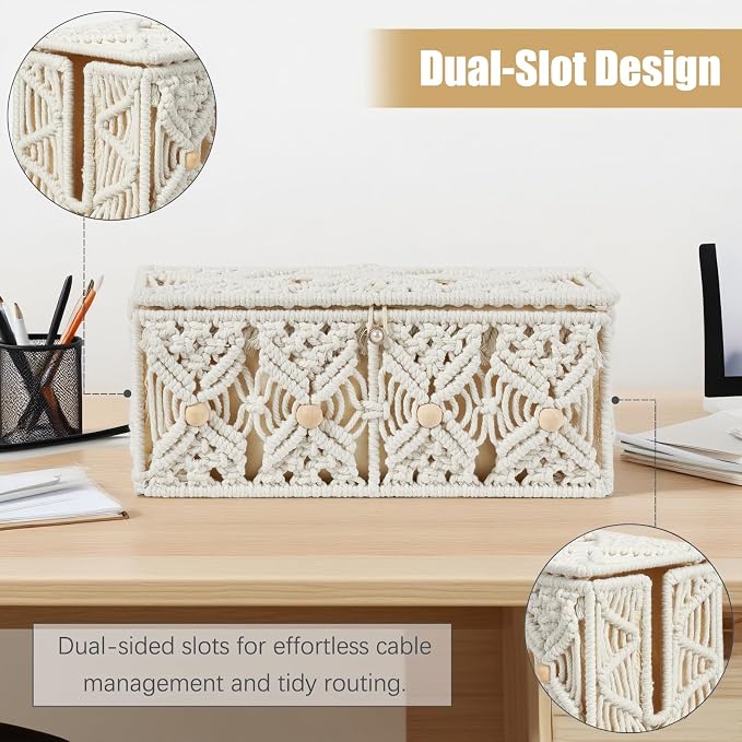 Cable Management Box Handmade Macrame Cord Storage Organizer Power Strips Outlet Router Adapter TV Wire Hider Cover Under Desk Natural Cotton Rope Woven Boxes with Lid (Off White, Medium)