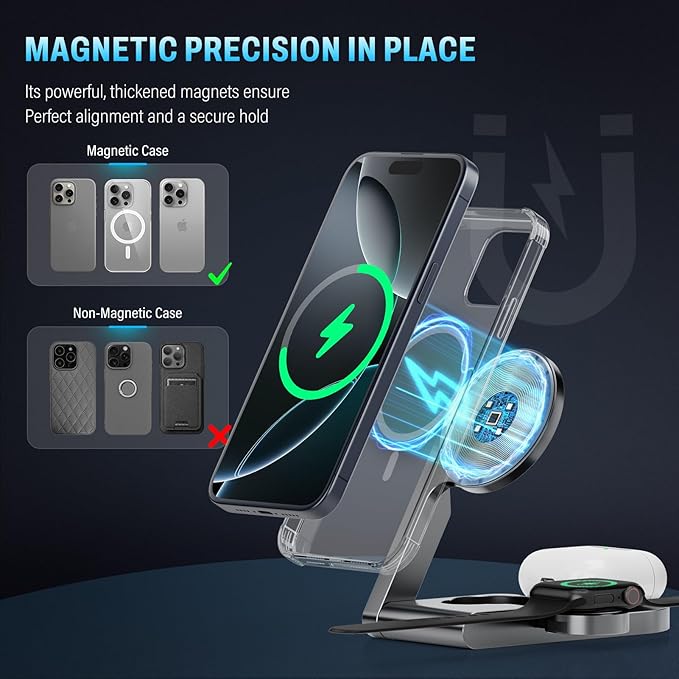2026 3 in 1 Wireless Charging Station Mag-Safe Fast Charging Station for Apple MagSafe Charger, with USB C Charger, Foldable Charging Magnetic Wireless Charger Stand, Space Aluminum Travel Charger
