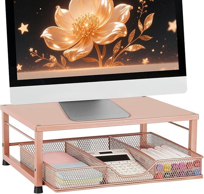 Small Laptop Stand for Desk, Monitor Stand Riser, Office Desk Accessories, Computer Desktop Stand with Drawer for Home, Office, School (Bronze)