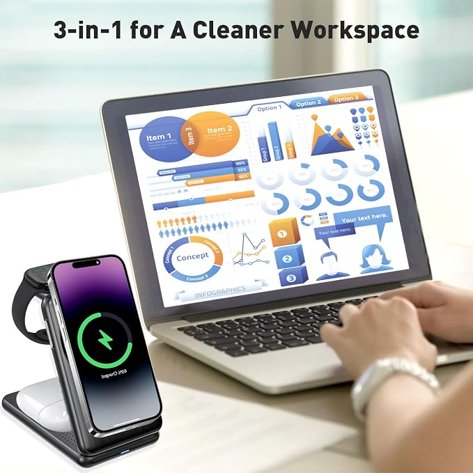 Upgraded 3-in-1 Magnetic Wireless Charger, Foldable Charging Station, Electromagnetic Induction Base,Compatible with MagSafe,Compatible with iPhone 12-17 Series, Apple Watch, and AirPods