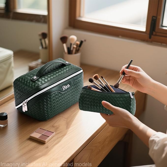 BOYATU Travel Makeup Bag Cosmetic Bags for Women: Large Capacity 3 Pcs Set Make up Bag with Compartments - Waterproof Vegan Leather Toiletry Organizer Bags with Handle (L06 Olive)