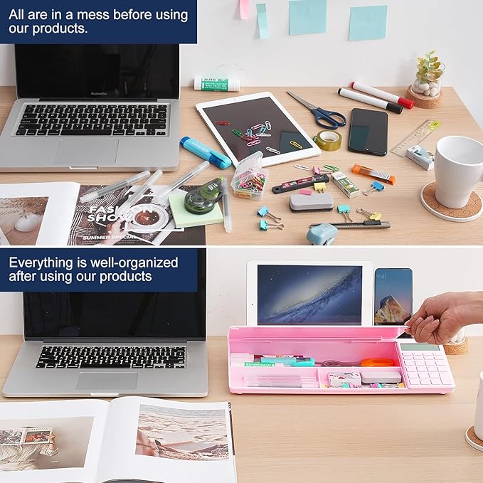 Small Glass Desktop Whiteboard Dry-Erase-Board - Computer Keyboard Stand with Calculator White Board Surface Pad with Drawer, Desk Organizers with Accessories for Office, Home, School Supplies - Pink
