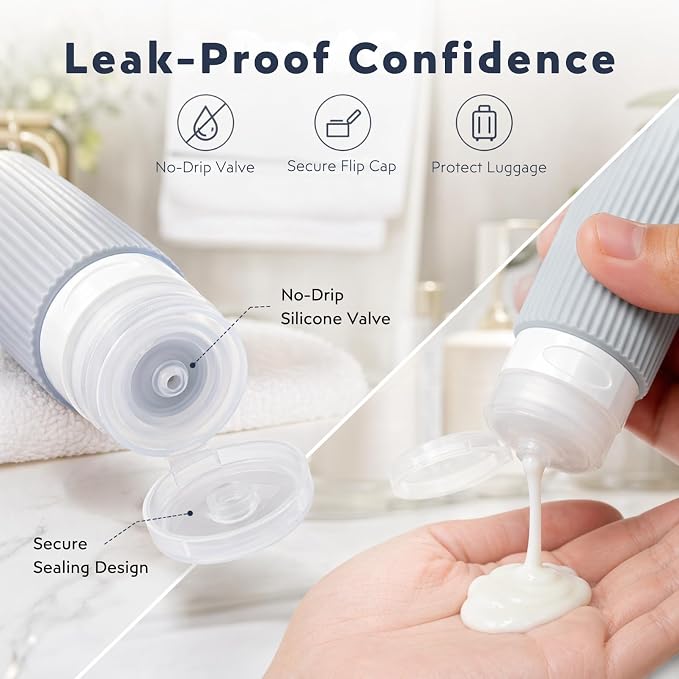 16 Pack Travel Bottles Set - TSA Approved Toiletry Bottles, Leak Proof Refillable Silicone Travel Size Containers with Jars, Spray Bottles, Funnel, Brush & Clear Bag for Carry-On, Camping & Vacation