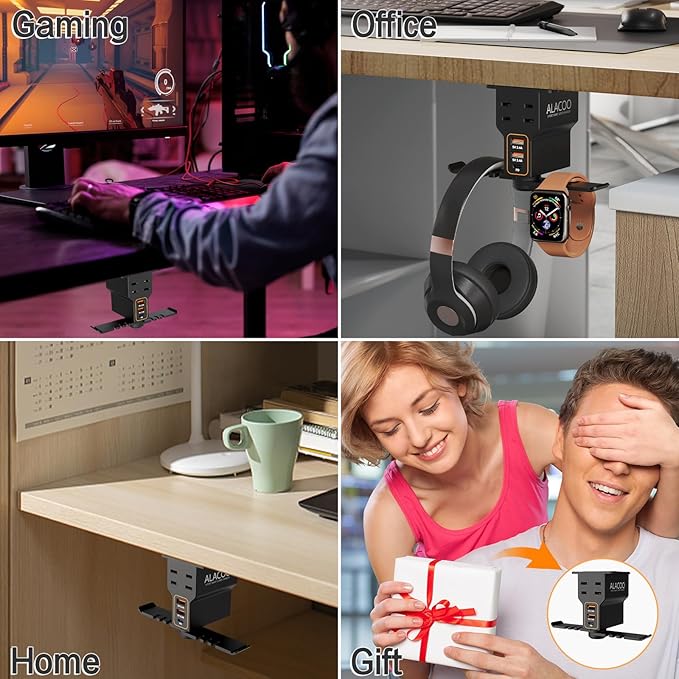 Gaming Headphone Stand with Charging Station - Aluminum Hooks Headphone Holder, Under Desk Headset Stand, 3 USB & AC Outlet, Surge Protector & Cable Organizer, Gift for Girl/Men
