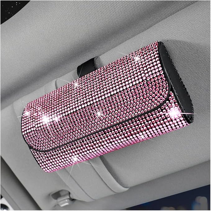 Osilly Bling Car Sunglass Holder for Sun Visor, Sparkling Crystal Leather Automotive Eyeglasses Mount Clip Organizer with Hidden Magnetic Closure for Men Women, Universal for SUV Truck Van（Pink）