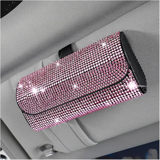 Osilly Bling Car Sunglass Holder for Sun Visor, Sparkling Crystal Leather Automotive Eyeglasses Mount Clip Organizer with Hidden Magnetic Closure for Men Women, Universal for SUV Truck Van（Pink）