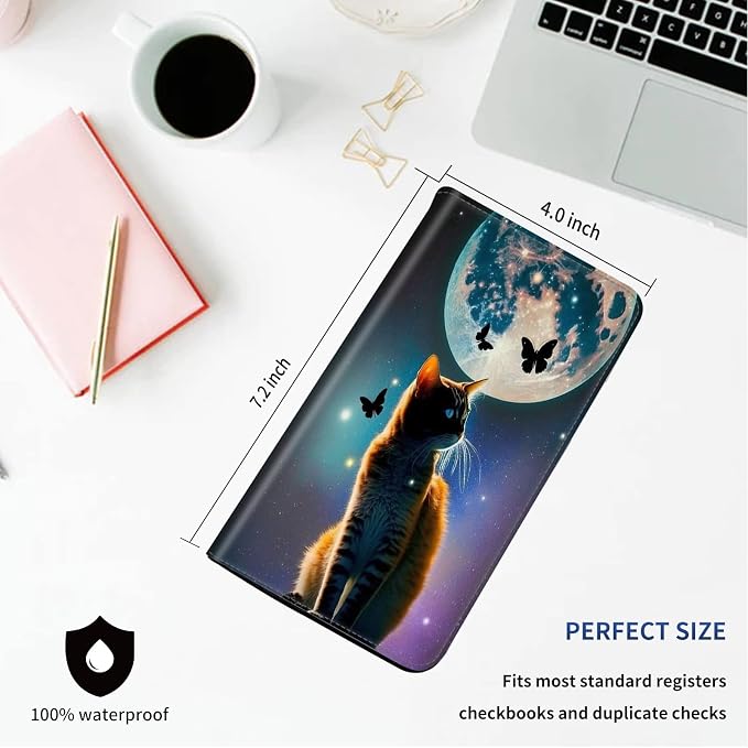 DEGDFSGR Checkbook Cover - Premium Leather Standard Duplicate Register Check Card Book Holder Wallet with RFID Blocking Function for Girl Men Women,Cat Look at Butterfly