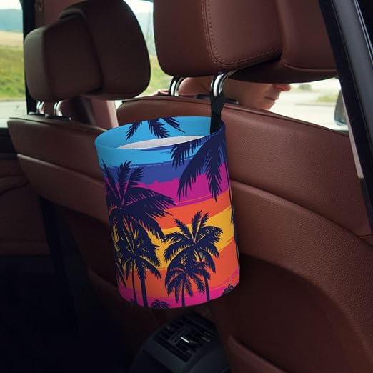 Car Garbage Bag Blue Palm Trees at Sunset Mini Car Trash Bin Portable Collapsible Waterproof Rubbish Bag for Car Accessories Back Front Seat Cup Holder