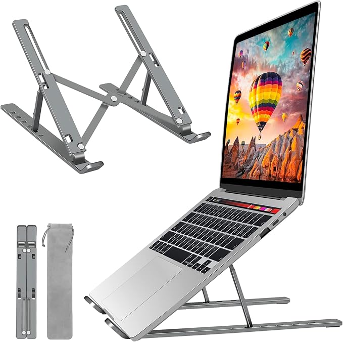 Laptop Stand, Aluminum Full Coverage Non-Slip Rubber Adjustable Ergonomic Portable Laptop Holder, Foldable Computer Stand 6 Angles Anti-Slip Riser Compatible with 4-17 inch