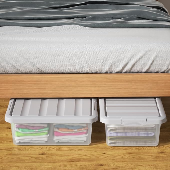 14 Quart Plastic Clear Storage Bin, Stackable Latching Box with Grey Lid, 2 Packs