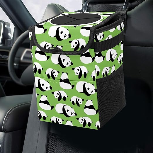 Car Trash Can Panda Collection Wate-rproof Auto Garbage Bag Car Trash Can with Lid Leak-Proof Car Storage Bag Hanging for Headrest Collapsible and Portable with Storage Mesh Pocket