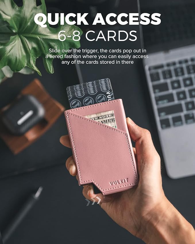 VULKIT Pop up Card Wallet RFID Blocking Slim Aluminum Metal Bank Card Holder Case with Business Money Pocket for Credit Cards Notes and Coins (Pink)
