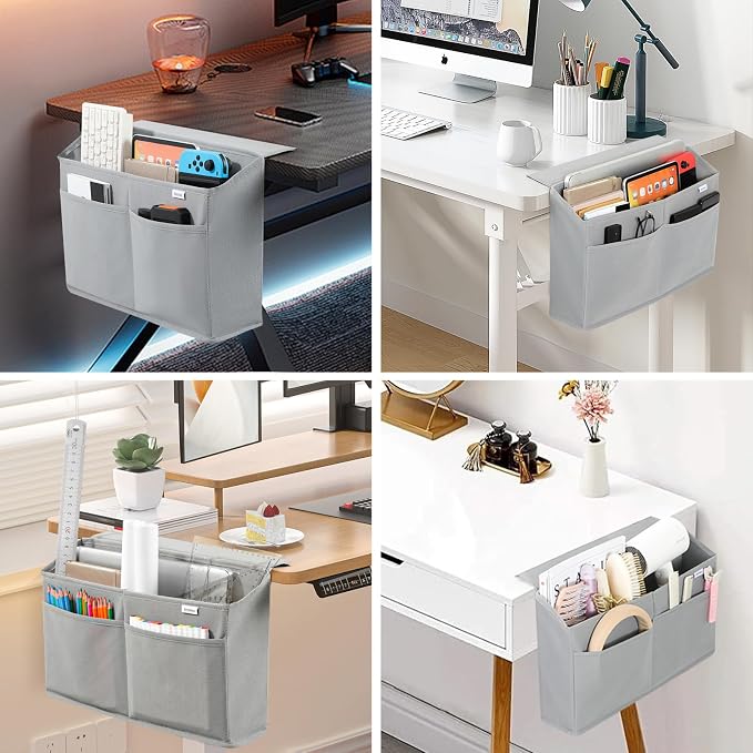Desk Side Hanging Organizer, Adhesive Storage Bag with Pockets for Magazine Ipad Notebook, for End Tables Home Office Desks Computer Workstations Dressing Table, Grey