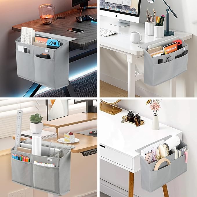 2 Pack Desk Side Hanging Organizer, Adhesive Storage Bag with Pockets for Magazine Ipad Notebook, for End Tables Home Office Desks Computer Workstations Dressing Table, Grey