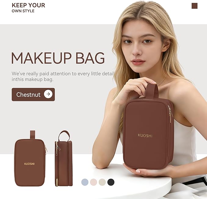 Travel Makeup Bag for Women, Large Capacity Waterproof Cosmetic Organizer with Divider & Handle, Portable Open Flat Toiletry Pouch for Travel Accessories (Brown)