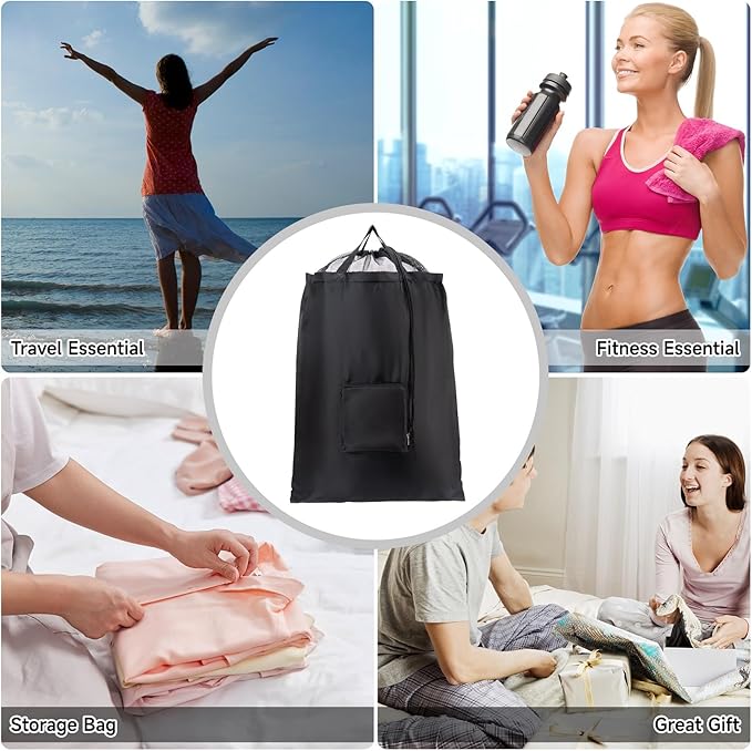 2 Packs Travel Laundry Bags, CLEADUS Foldable Dirty Clothes Bag 【Upgraded】 with Drawstring Mesh, Handles, and Carabiner, Portable, Suitable for Travel, Gym, Camping (Black)