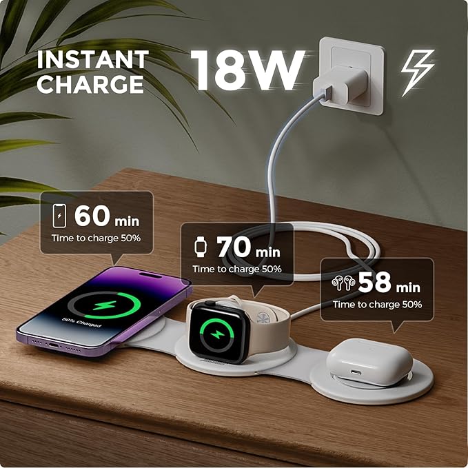 Hicober 3 in 1 Wireless Charging Station for iPhone 15, Magnetic Foldable Travel Charger Station Stand 18W for iPhone Air 17 16 15 14 13 12 Pro/Max/Plus/Apple Watch All Series & Airpods
