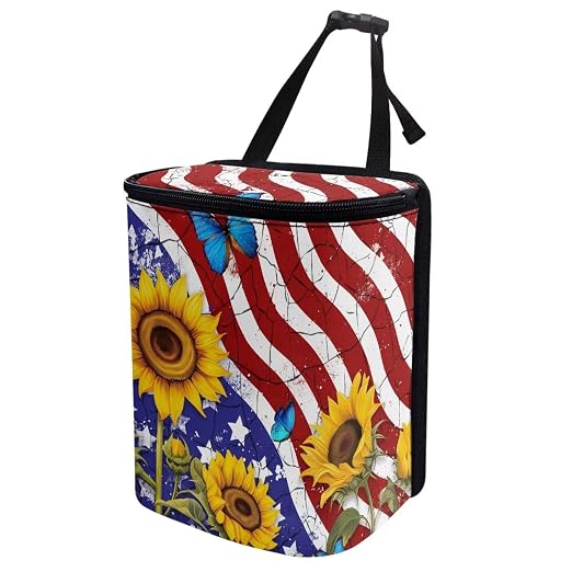 4th of July Car Trash Can with Lid Hanging Car Trash Bag Leak-Proof Portable Cars Garbage Bin Sedan Accessories Interior Cars Organizer, USA Flag Sunflower Print