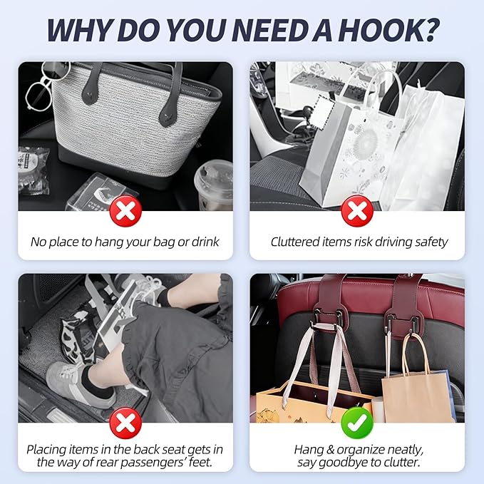2 Packs Headrest Hooks for Car, Hidden Twinhook Leather & Metal Car Purse Holders, Universal Seat Back Storage Organizer Hanger for Purse Bag Handbags Phones, 2026 Car Seat Accessories (Red)