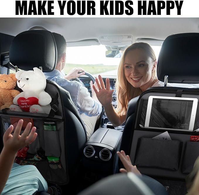 2 Pcs Backseat Car Organizers with Table Tray, 6 Storage Pockets Car Organizer with Tablet Holder, Kick Mats Protectors for Kids Travel Accessories Black, Unisex(Classic,Grey)
