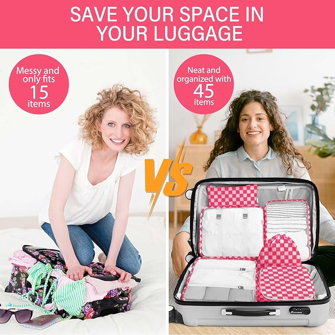 KPX 8 Set Packing Cubes for Travel, Luggage Packing Organizers Accessories Large Toiletries Bag for Clothes Shoes Cosmetics (8Set-Rose Checkered)