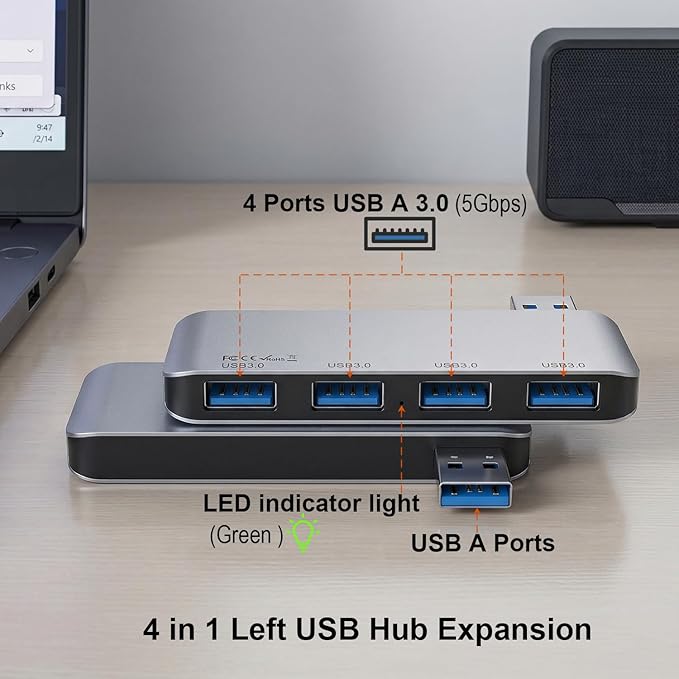 Left Side USB 3.0 Hub, 4-Port Cable-Free USB Splitter for Laptop, Direct-Plug Design, Compatible with MacBook, Laptops, Desktop, Surface, Flash Drive, HDD and USB More