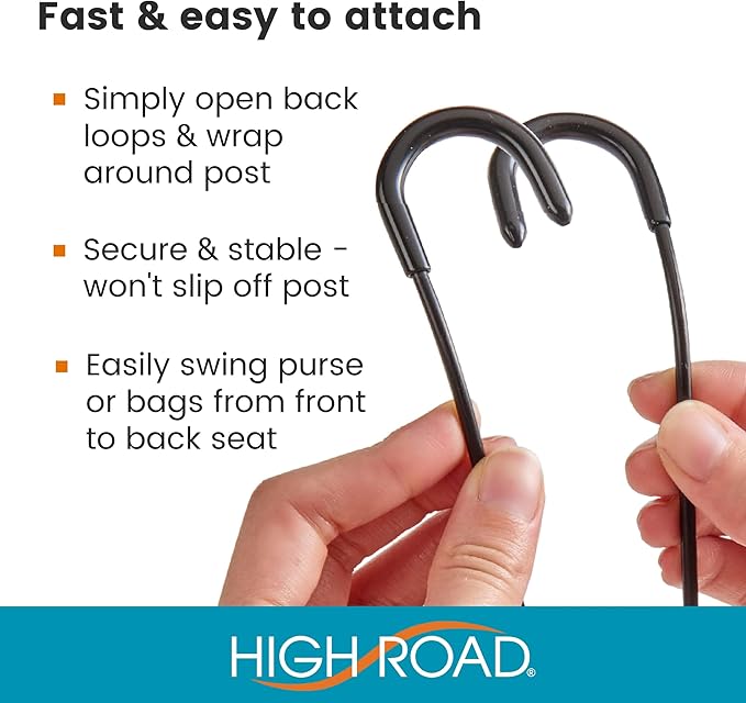 High Road Car Hooks for Purses and Bags with Leather Trim - Unbreakable Car Seat Hooks for Large Purse Straps and Heavy Bags up to 40 lbs - Secure Attachment Loops Fit All Headrest Posts, 2-Pack