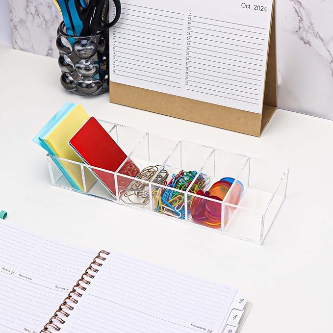 NatSumeBasics Clear Drawer Organizer 6-Section Desk Compartment Acrylic Tray Holder, 3.3" Width not for Storage Credit Cards Business Card, Office Accessories Supplies (Small)