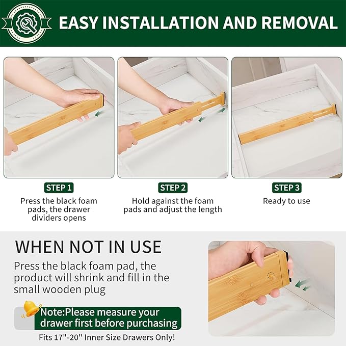 Dunruz Bamboo Drawer Dividers 2.6" High,17"-20" Adjustable Spring Loaded Clothes Drawer Organizers for Kitchen, Dresser, Bathroom, Bedroom and Office