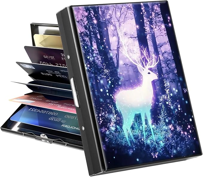 Metal Wallet for Women Men Girls, RFID Blocking Slim Aluminum Credit Card Holder, Mini Travel Wallet with Hard Shell, Lightweight ID & Business Card Case,Elk Deer Forest