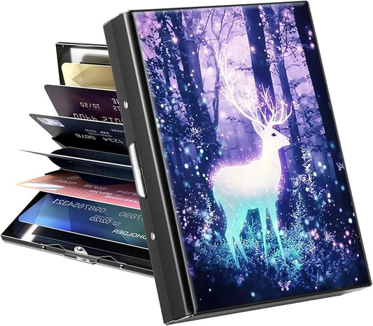Metal Wallet for Women Men Girls, RFID Blocking Slim Aluminum Credit Card Holder, Mini Travel Wallet with Hard Shell, Lightweight ID & Business Card Case,Elk Deer Forest