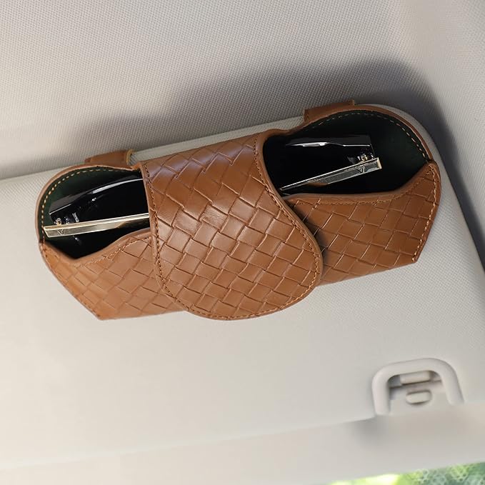 KINIVA Sunglasses Holder for Car Visor Leather Glasses Case with Clips for Car Visor Automotive Interior Visor Accessories Apply to All Car Models (09 Brown)