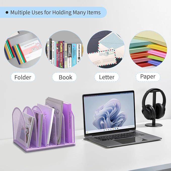 Gawerk 5-Section Vertical Desktop Organizer, 5-Section Mesh File Folder Stand Sorter for Office Home Classroom Organization (1, Purple)